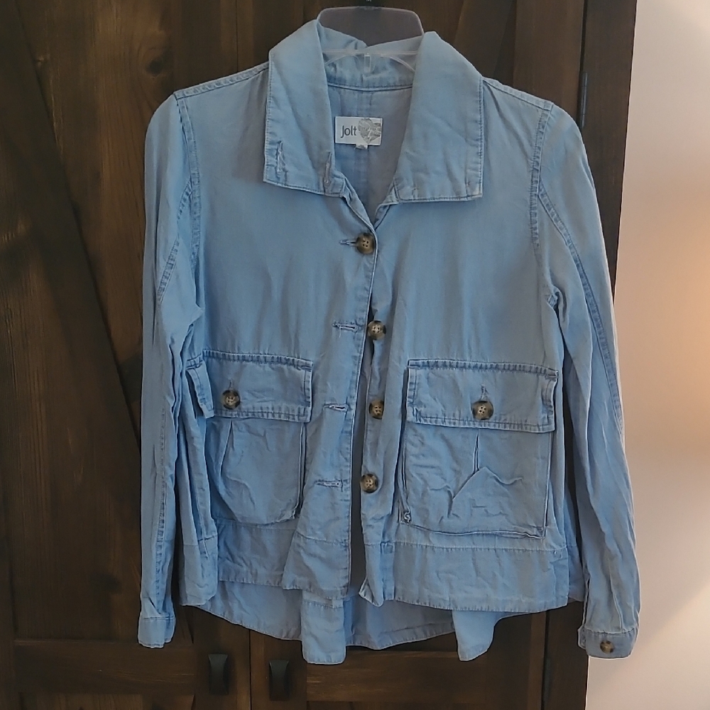 Jolt Blue Utility Jacket with Collared Neckline
